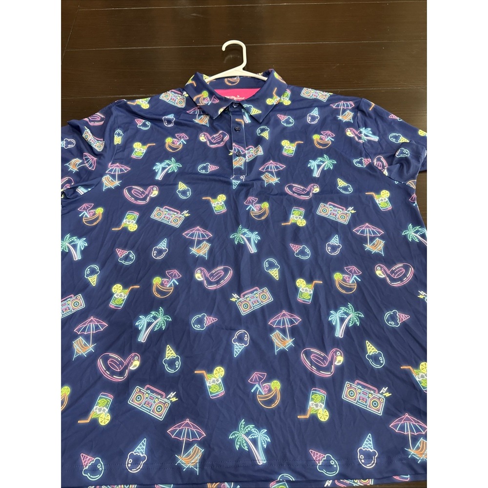 Birdie Bound Polo Shirt Mens 2XL Blue Neon Tropical Golf Performance Stretch